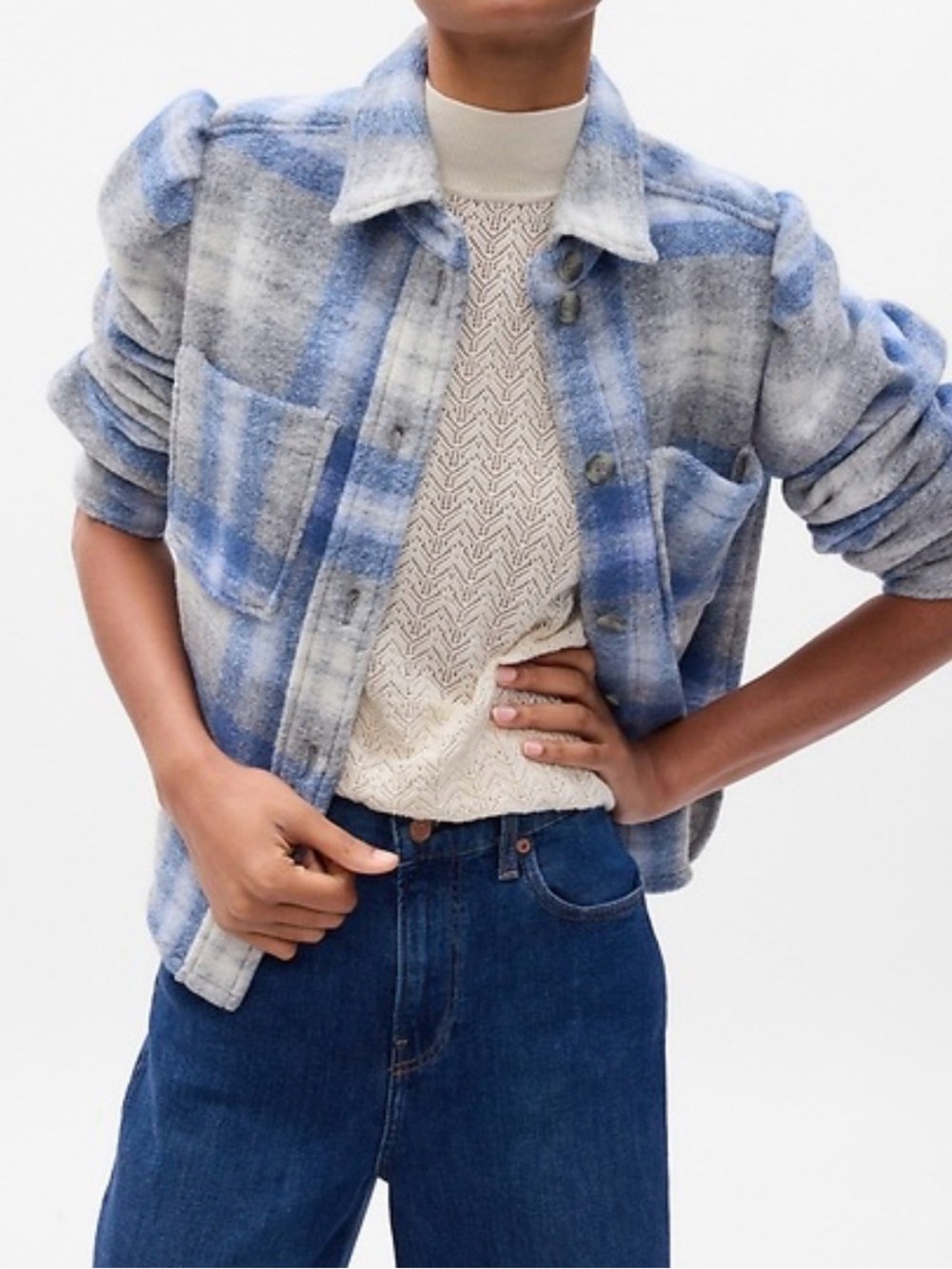 NEW Gap Plaid Puff Sleeve Shirt Jacket Blue Gray Wool Blend Cropped Medium $148